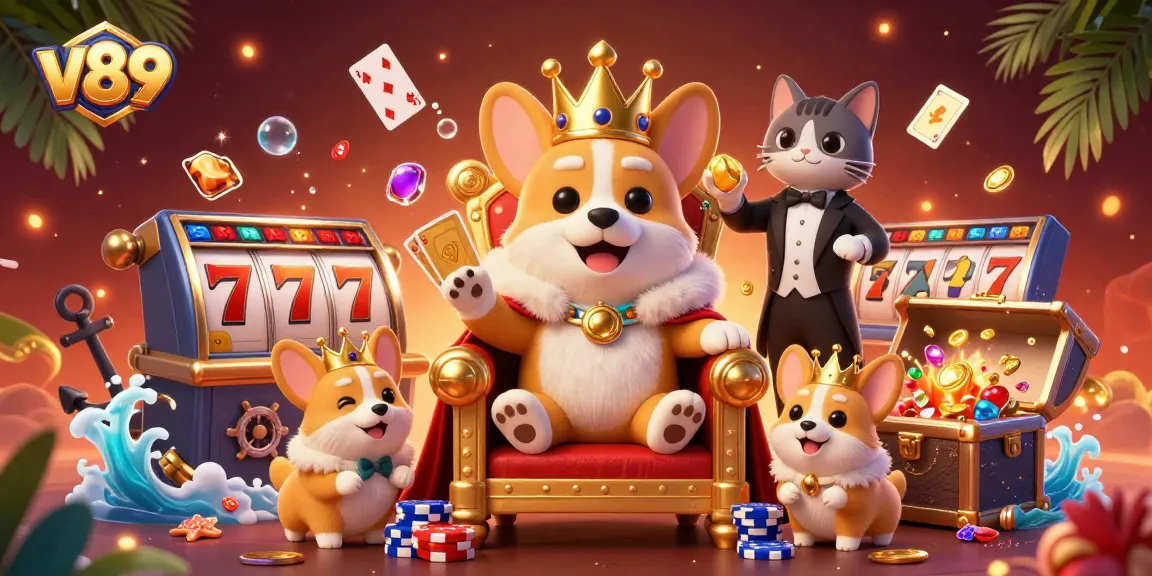 Permainan slot v89 yang menarik dengan corgi raja, kartu emas, dan dekorasi menarik lainnya.