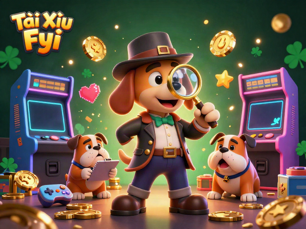 Tài Xỉu Fyi shows a detective bloodhound examining clues amidst a vibrant casino scene.