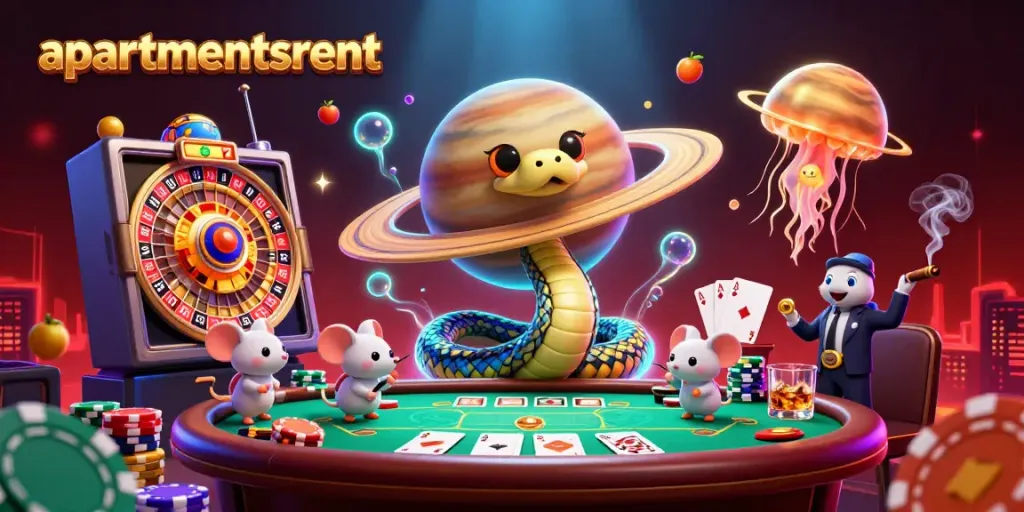 Permainan slot menarik di apartmentsrent dengan karakter unik dan elemen kasino yang ramai.