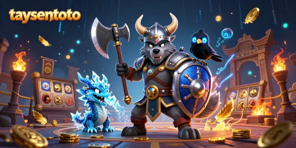 Experience thrilling gameplay with taysentoto, featuring a Viking warrior and dragon in a vibrant casino scene.