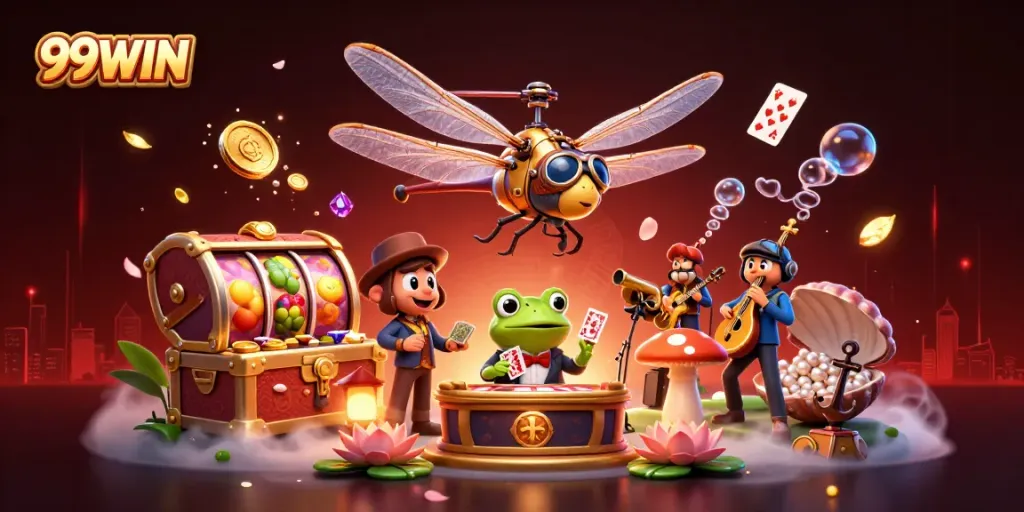 Engage in exciting gameplay at 99WIN with dynamic scenes of a dragonfly pilot and froggy croupier.