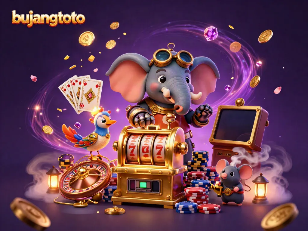 Engage with bujangtoto's thrilling casino dynamics featuring a steampunk elephant and golden slot machine.