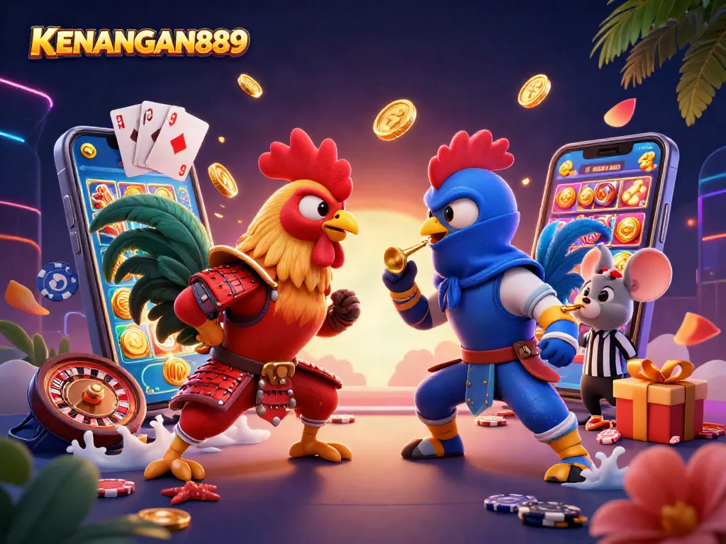 KENANGAN889 features thrilling standoff between roosters, symbolizing dynamic gambling excitement.
