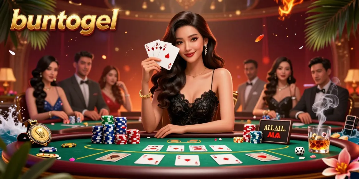 Buntogel players enjoying a vibrant casino scene with poker cards and chips in an elegant setting.