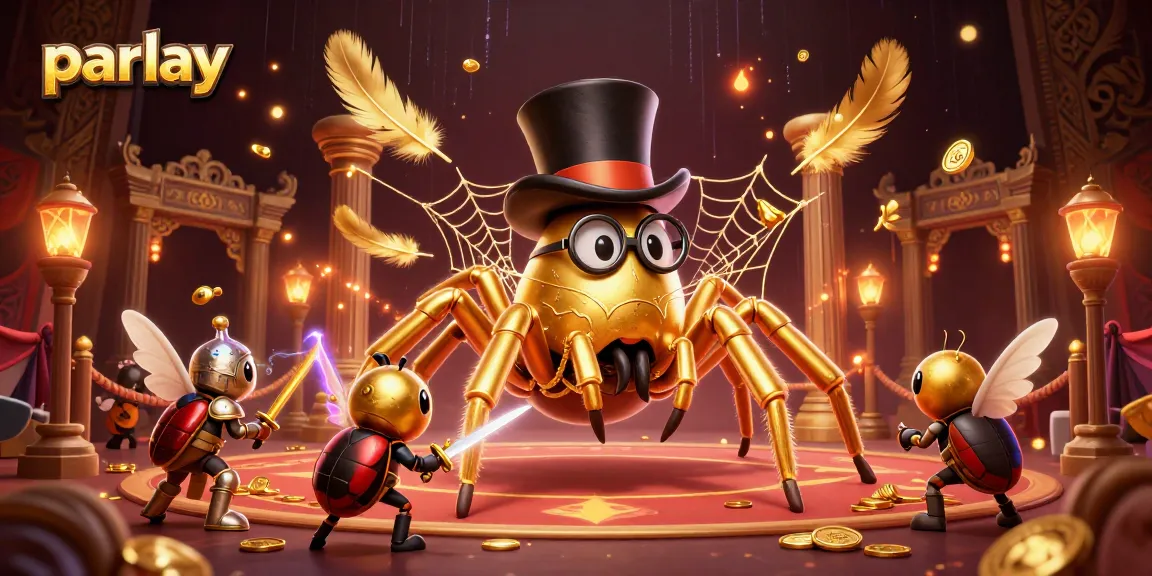 Engage in a thrilling parlay betting scene featuring a giant golden tarantula and beetle knight within a vibrant casino.