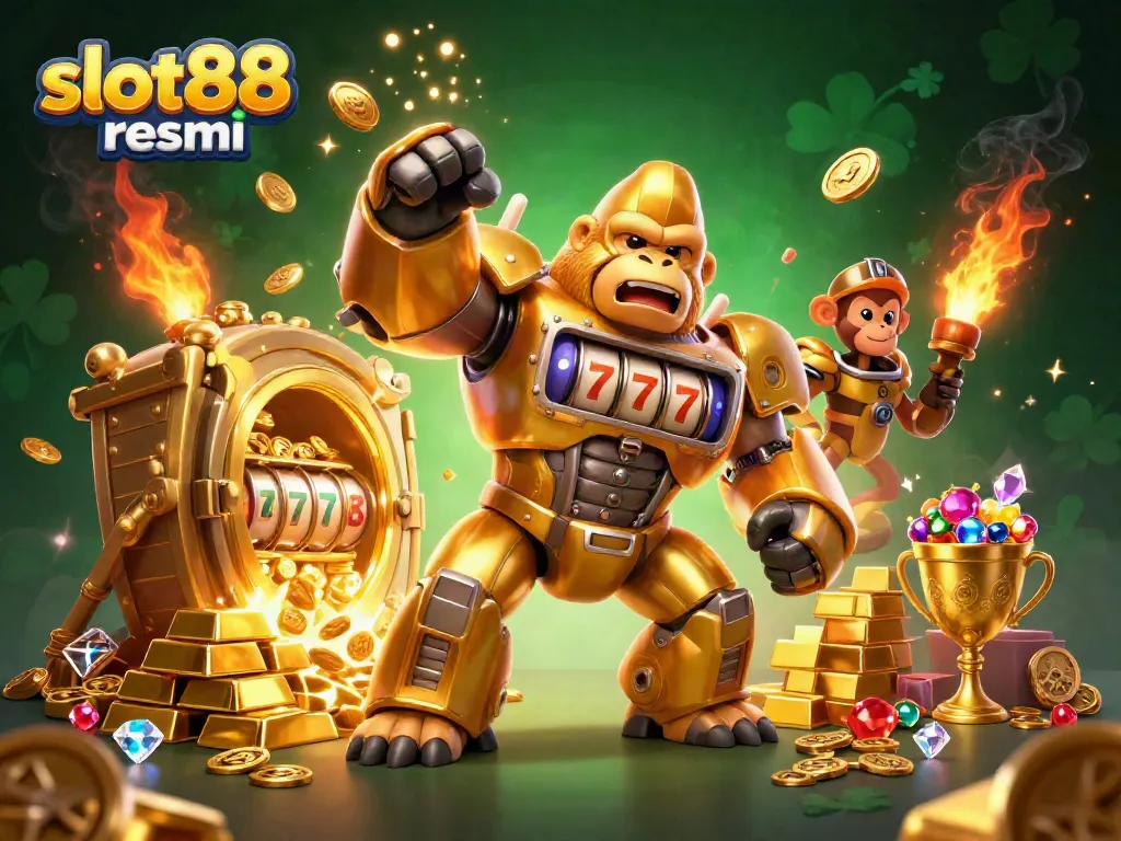 Explore the excitement of winning big with slot88 resmi featuring a dynamic 3D gorilla mech surrounded by treasure.