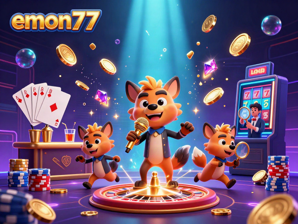 Delight in a vibrant emon77 comedy casino scene featuring hyenas entertaining with drinks, games, and laughter.