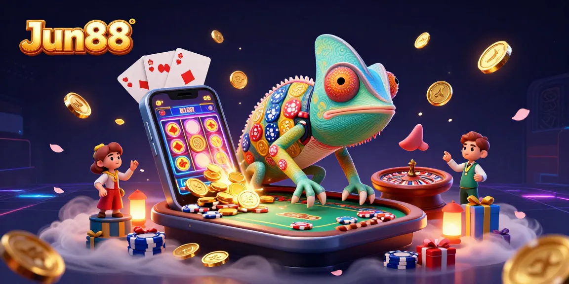 Win big with Jun88 at the vibrant casino scene featuring gaming excitement and colorful character interactions.