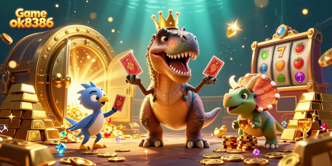 Spin the reels with Game ok8386 as dinosaurs gamble amidst treasure and gold.