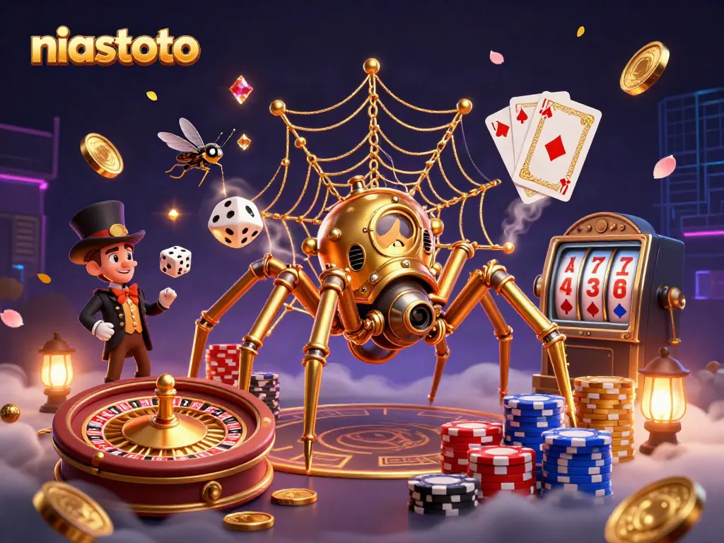 Slot bertema niastoto dengan laba-laba steampunk dan dadu menangkap keberuntungan di dalam jaring.