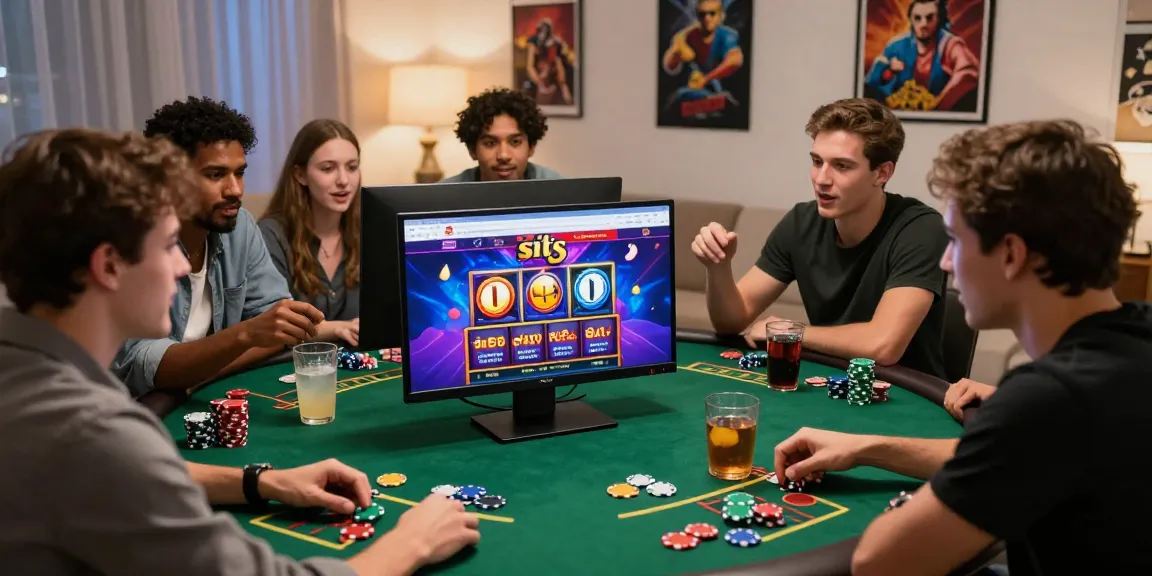 Friends enjoying situs slot games in a lively home setting, showcasing modern online gaming.