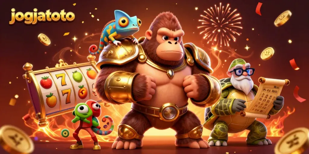 Experience the excitement of jogjatoto with a golden gorilla king, vibrant slot reels, and dynamic gaming elements.