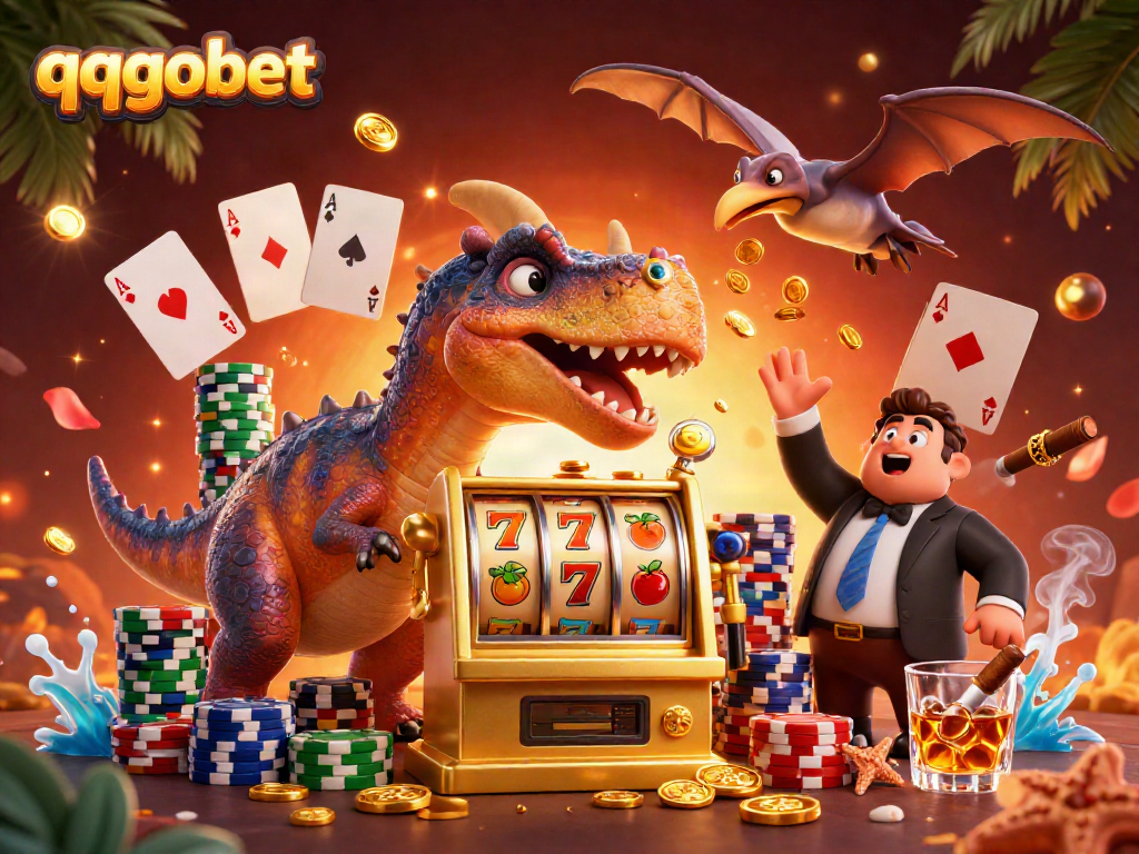 Experience exciting gameplay at qqgobet with a dinosaur hitting a jackpot slot machine.