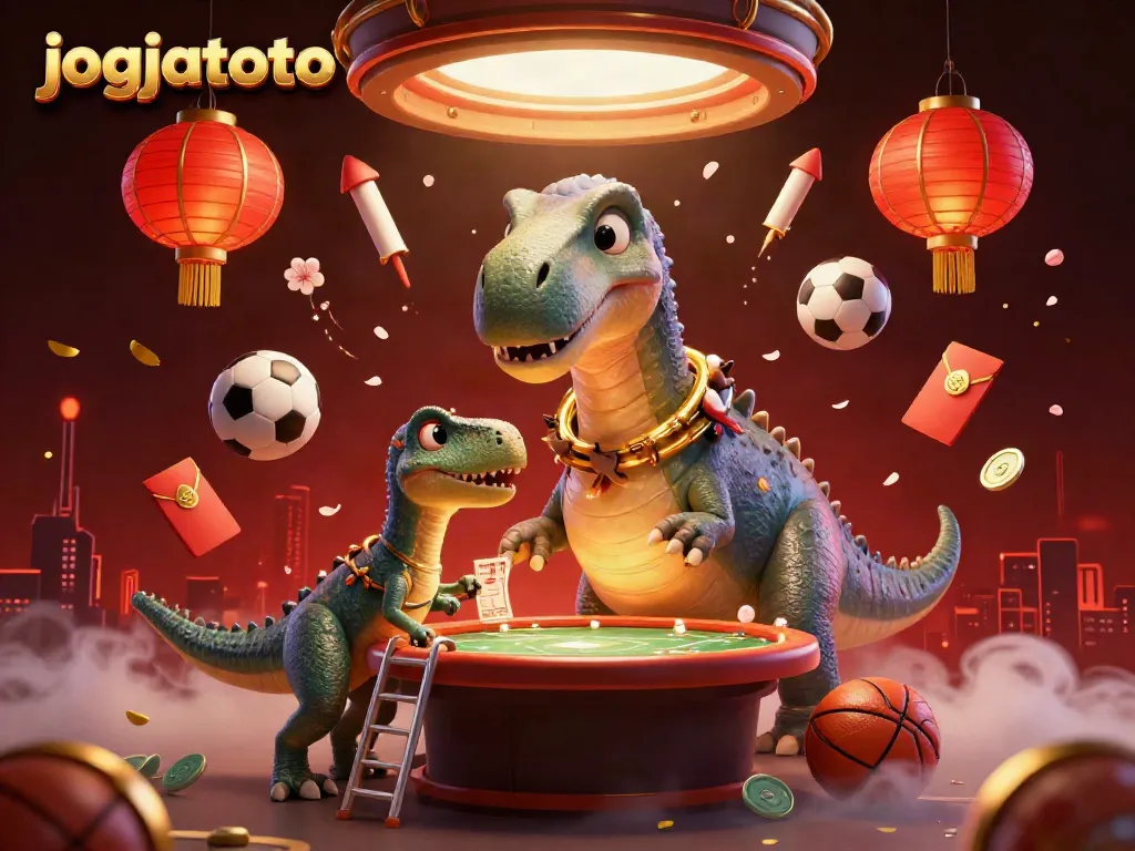 Experience sports betting action with jogjatoto as a giant brontosaurus looks down at a lively game.