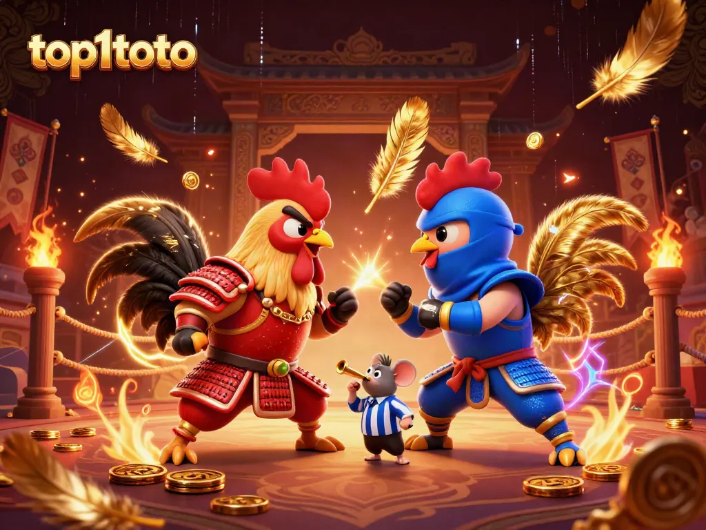 top1toto menampilkan ayam aduan 3D yang menegangkan di arena, siap bertarung.