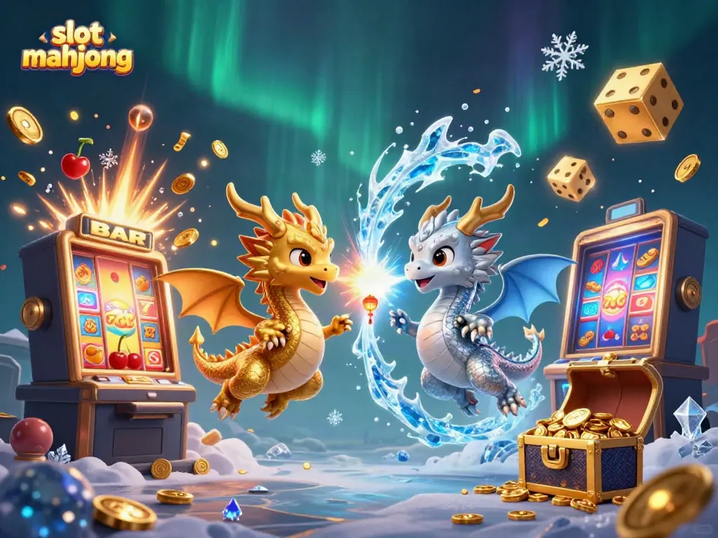 Mengamati slot mahjong dengan naga 3D terbang, mesin slot dan koin meledak di sekelilingnya.