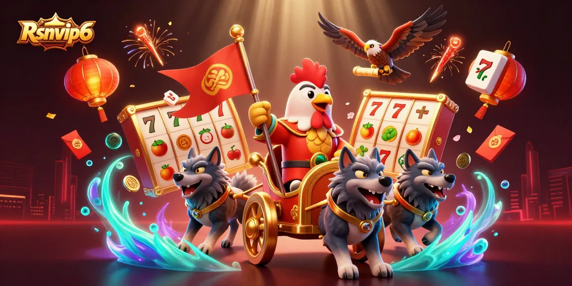 Rasakan Rsnvip6 dengan ilustrasi 3D yang cerah menampilkan seorang panglima ayam jantan dan slot yang berkilauan.