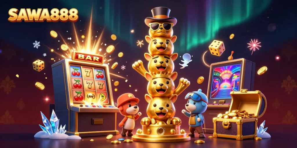 Experience the excitement of SAWA888 with dynamic characters and jackpot symbols in a colorful casino scene.