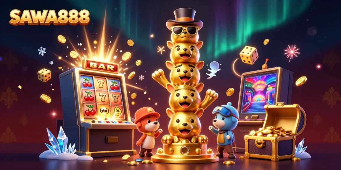 Experience the excitement of SAWA888 with dynamic characters and jackpot symbols in a colorful casino scene.