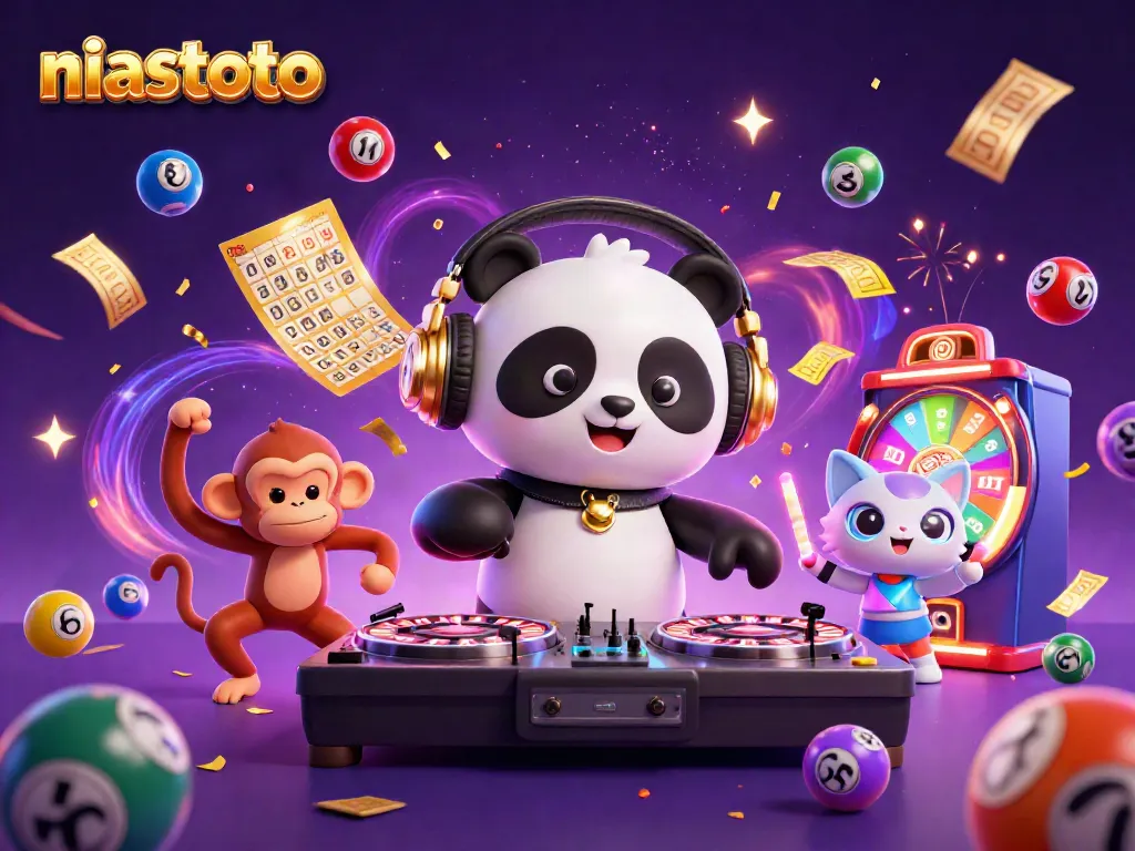 Gambarkan keseruan niastoto dengan DJ panda, monyet breakdance, dan kucing rave di kasino.