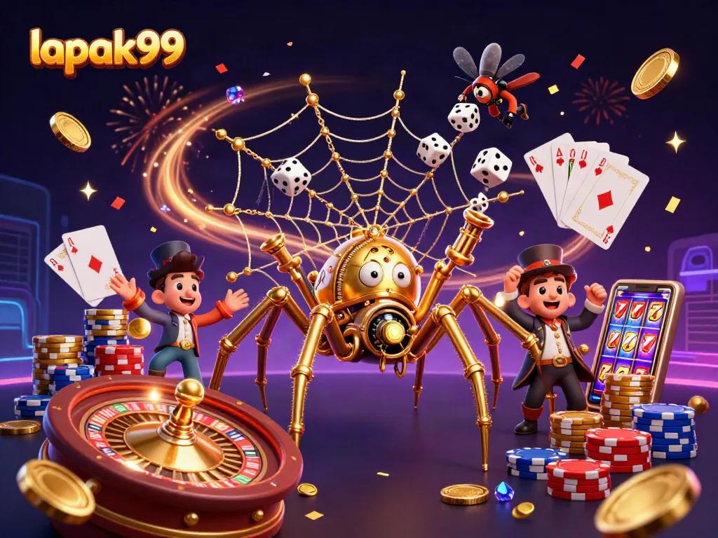 Experience the thrill at lapak99 with vibrant casino action, golden spiders, and interactive gaming elements.