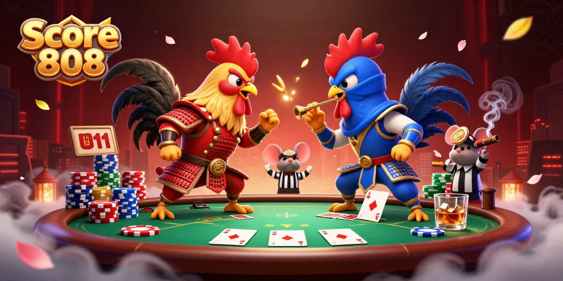 Score 808 showcases battling roosters in a lively casino scene, capturing intense gaming energy.