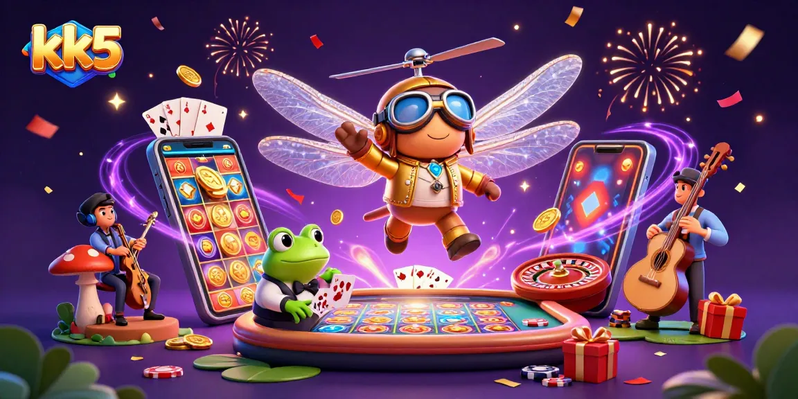 Spin and win with kk5 at a vibrant lily pad casino featuring a dragonfly pilot and frog dealer.