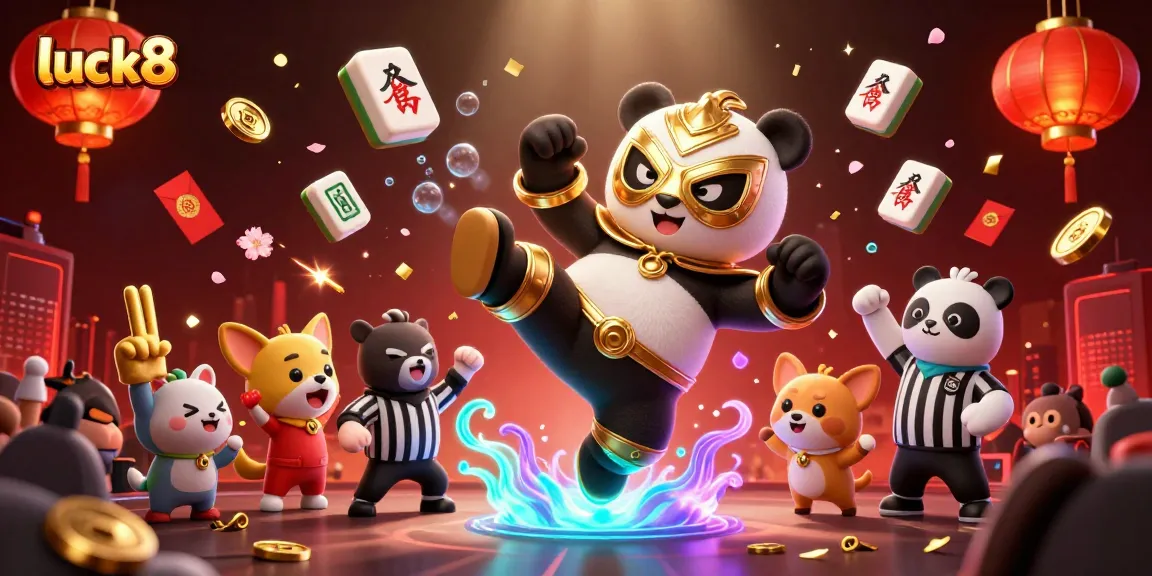 Experience luck8's thrilling gaming moments with a dynamic scene of a panda and chihuahua amidst exciting casino elements.