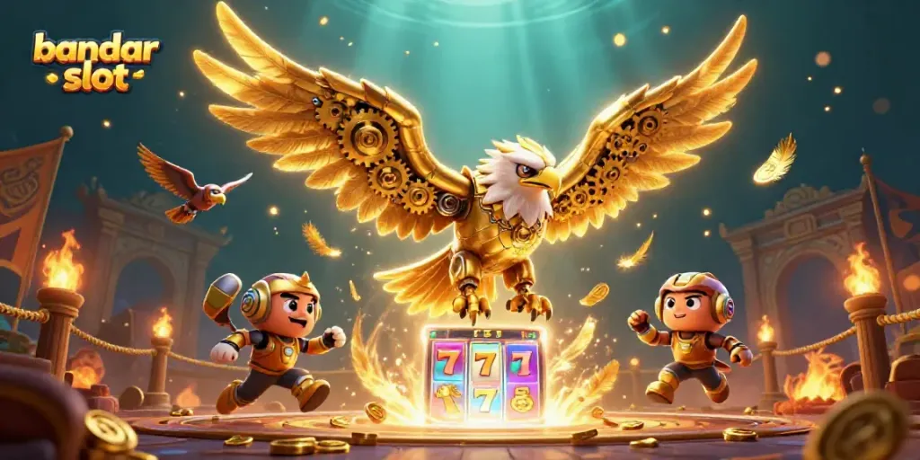 Menangkan jackpot dengan bandar slot dalam ilustrasi 3D yang mengesankan, penuh dengan simbol dan elemen permainan kasino.