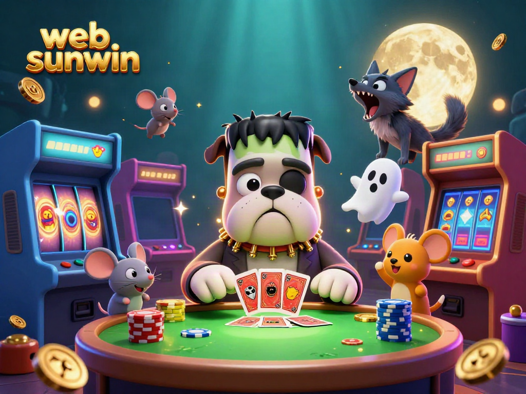 Experience thrilling entertainment at web sunwin with a colorful 3D casino scene featuring a playful bulldog and vibrant game elements.