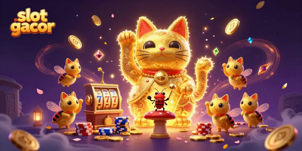 Experience the excitement of slot gacor with a whimsical illustration of a golden lucky cat and casino symbols.