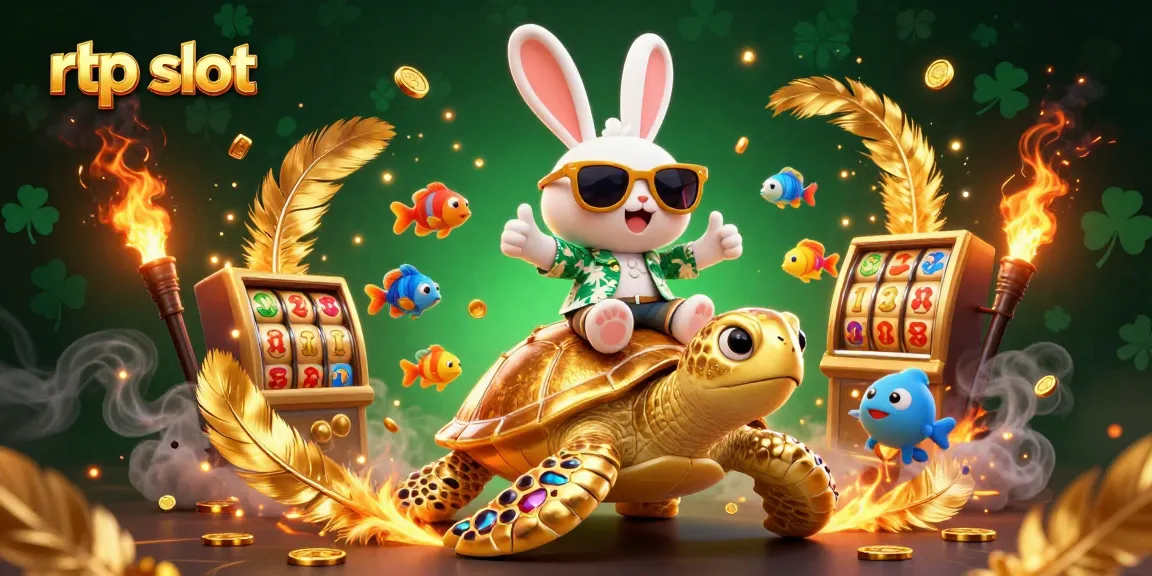 The rtpslot animation features a lucky rabbit and golden sea turtle celebrating wins amidst colorful casino elements.