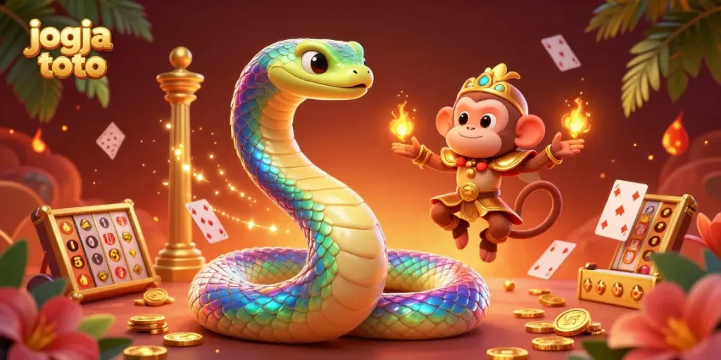 Experience the thrill of jogja toto gaming with vibrant characters and engaging slot elements in this dynamic illustration.