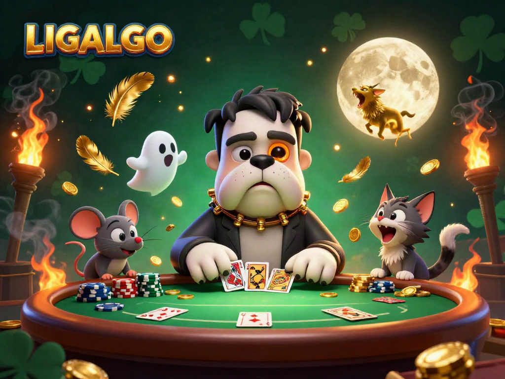 LIGALGO showcases a vibrant 3D scene with a Frankenstein bulldog dealing cards surrounded by chips and fire effects.