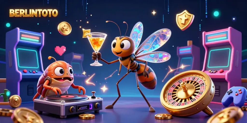 Engage with thrilling gaming action at BERLINTOTO with vibrant characters and golden casino elements.