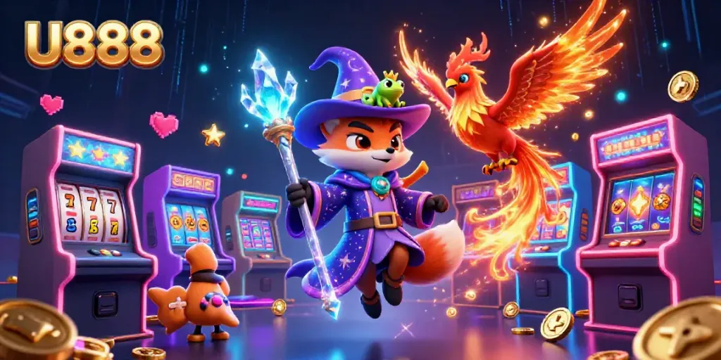 Experience the exciting world of U888 with a mystical fox, phoenix, and vibrant casino elements.