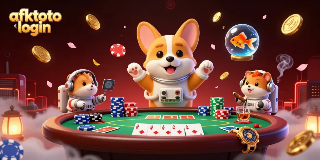Engage with afktoto login in a vibrant casino scene filled with whimsical characters and gambling elements.