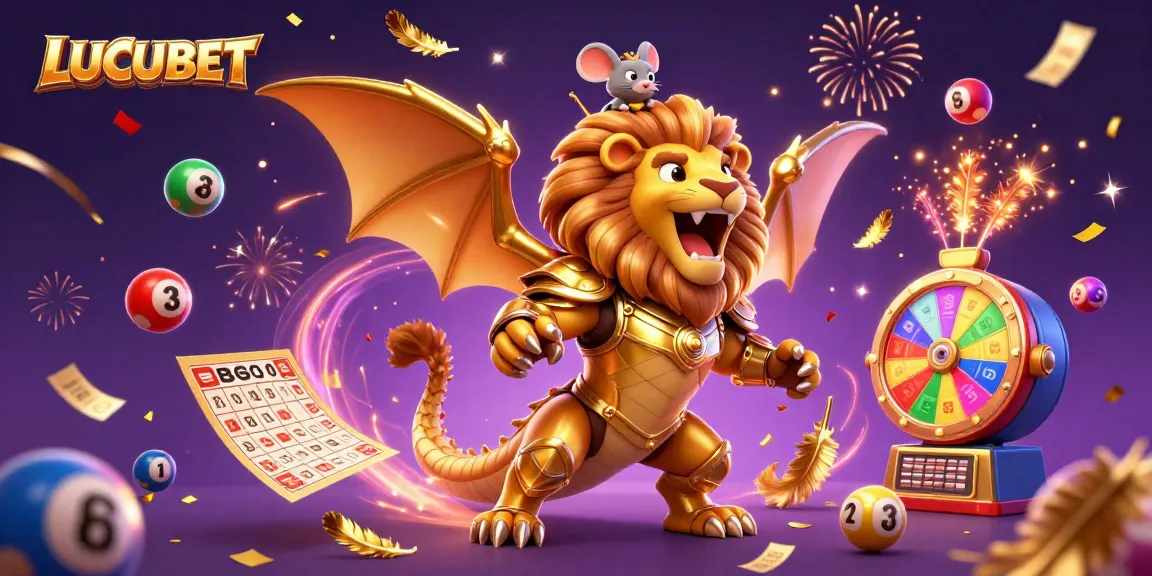 Experience the excitement of LUCUBET with a vibrant 3D scene of casino elements and characters.