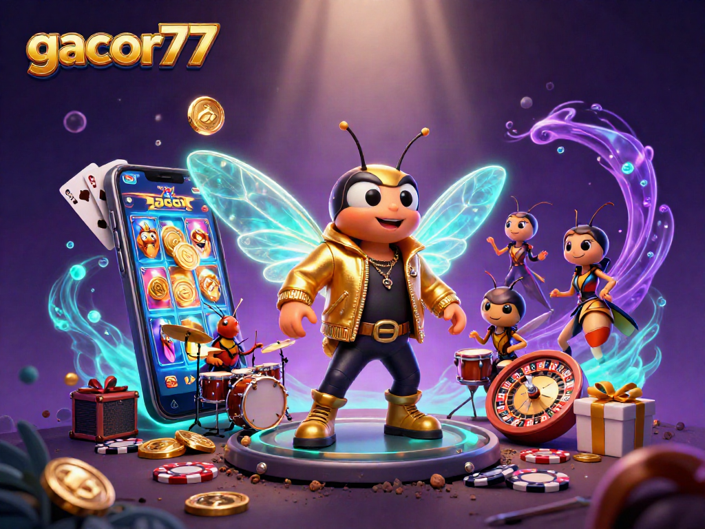Gacor77 menghadirkan slot game yang menakjubkan dengan cicada rock star dalam ilustrasi 3D yang penuh warna.