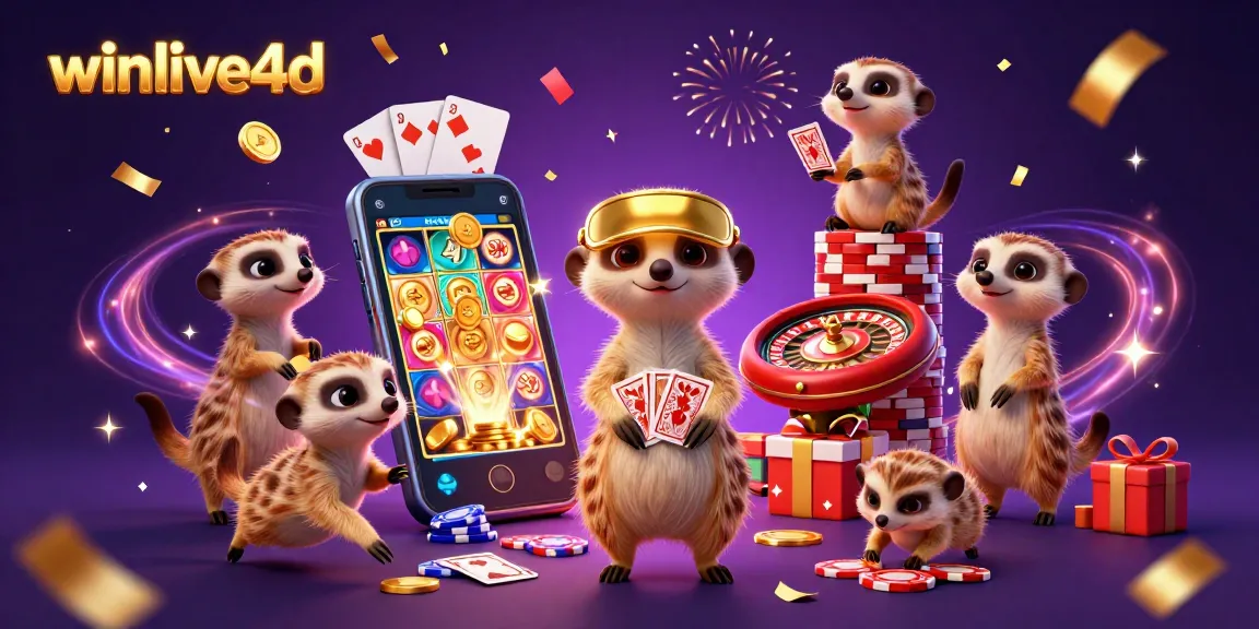 Experience the excitement of winlive4d with meerkats running a colorful casino operation, featuring vibrant games and golden coins.