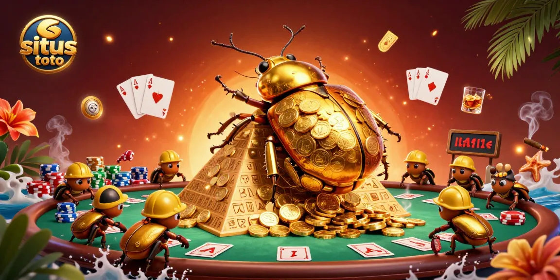 Permainan situs toto dengan dung beetle emas dan simbol kasino, penuh detail.