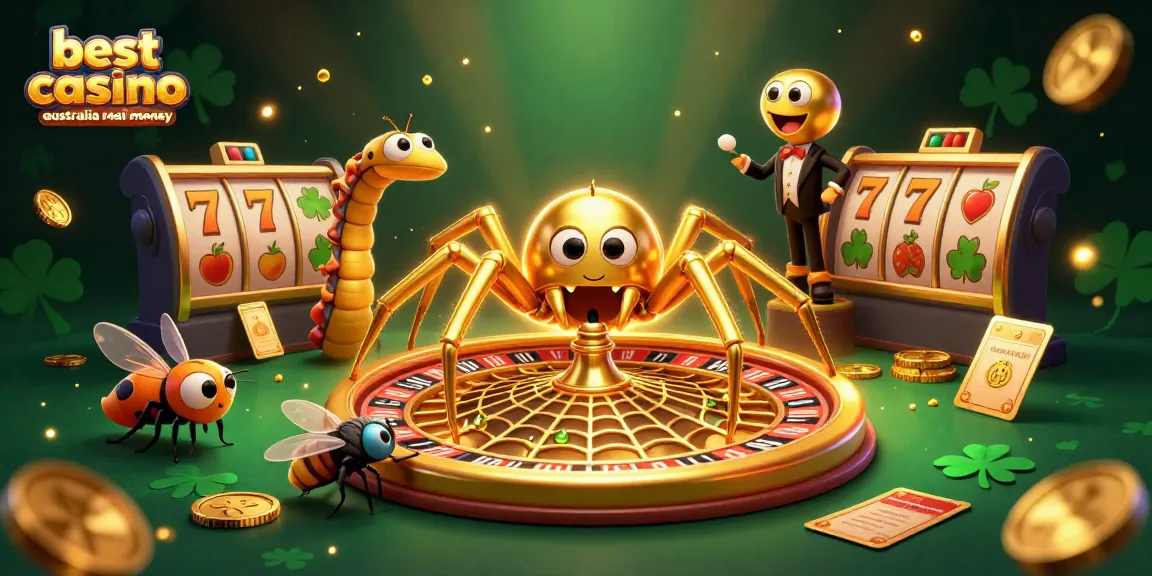 The best online casinos Australia real money showcase a 3D spider spinning roulette along with a fly betting nervously.