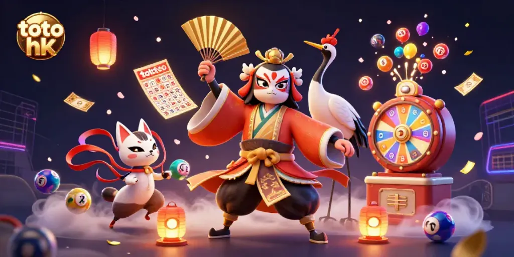 Elemen undian yang berputar dengan karakter kabuki di toto hk, suasana kasino digital yang berwarna-warni.