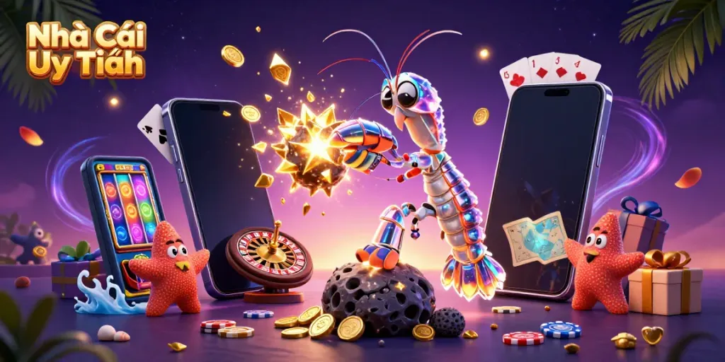 Experience thrilling gameplay with Nhà Cái Uy Tín in this dynamic 3D casino scene featuring exciting games and vibrant elements