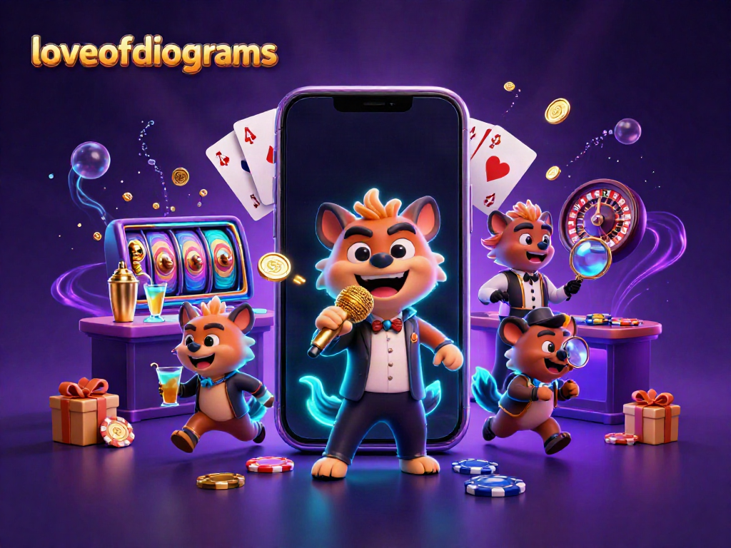 Slot online penuh warna di loveofdiagrams dengan karakter hyena menghibur dan minuman berkilau.