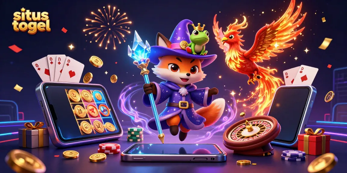 Engage with situs togel through this lively 3D illustration showcasing a wizard fox, phoenix, and magical elements in a casino setting.