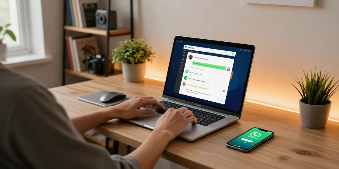Using WhatsApp電腦版 on a sleek laptop in a modern home office.