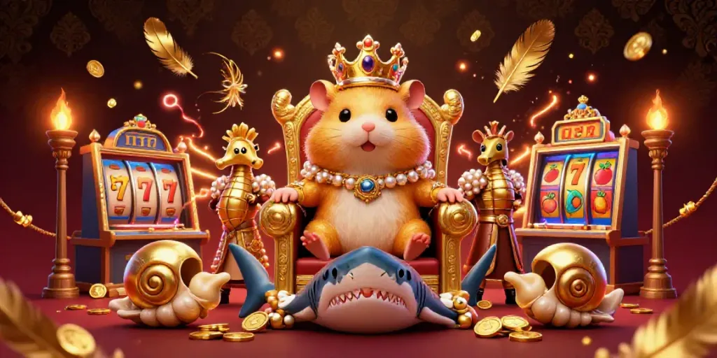 Slot Thailand hadir dengan raja hamster emas di atas kursi gigi megalodon, dikelilingi elemen permainan kasino.