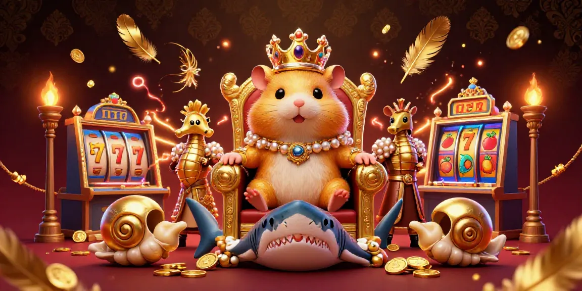 Slot Thailand hadir dengan raja hamster emas di atas kursi gigi megalodon, dikelilingi elemen permainan kasino.