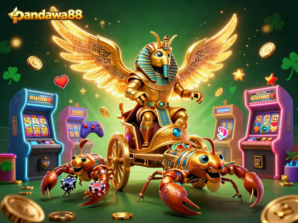 Permainan di pandawa88 dengan scarab emas berbelahan dadu, scorpion berpermata, dan chip poker di bawahnya.